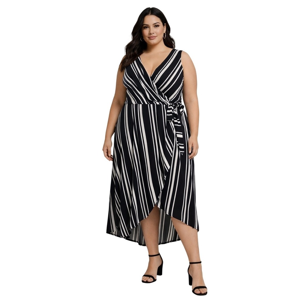 INC Wrap High‎ Low Striped Midi Dress Plus Size 2X Resort Nautical Euro Vacay